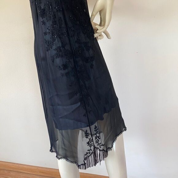 TAHARI Dress sheer sleeveless beaded silk black with grey slip two piece size 2 - Picture 14 of 16